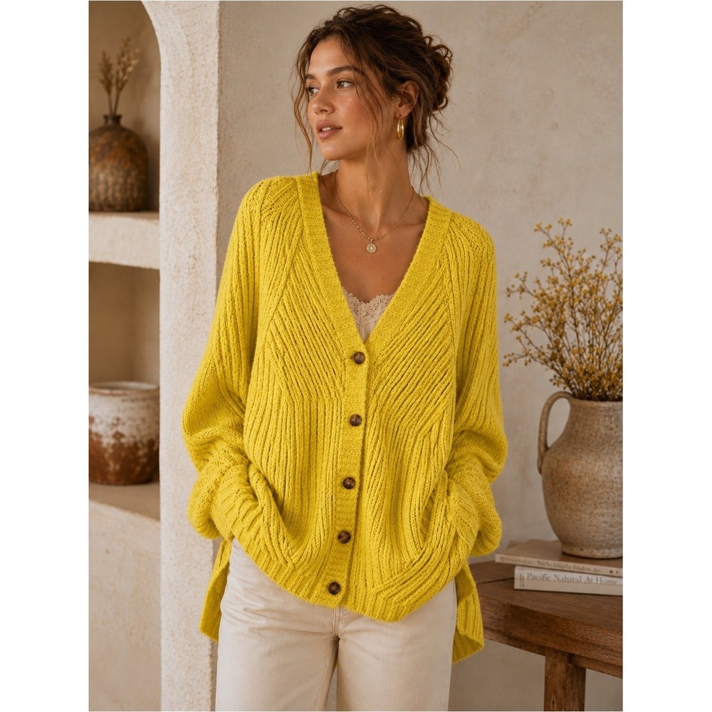 Anthropologie MOTH WOOL Blend Oversized Knit V Neck Button Front Cardigan XS/TP